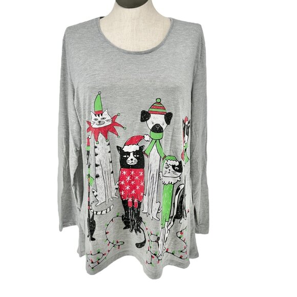 Mac & Belle Festive Top Womens 2X Gray Holiday Cat & Dog Graphic Long Sleeve - Picture 1 of 10